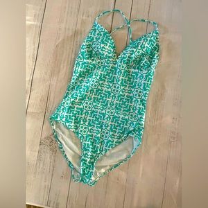 Ladies Old Navy one piece swimsuit aqua and white pattern cross back sz large
